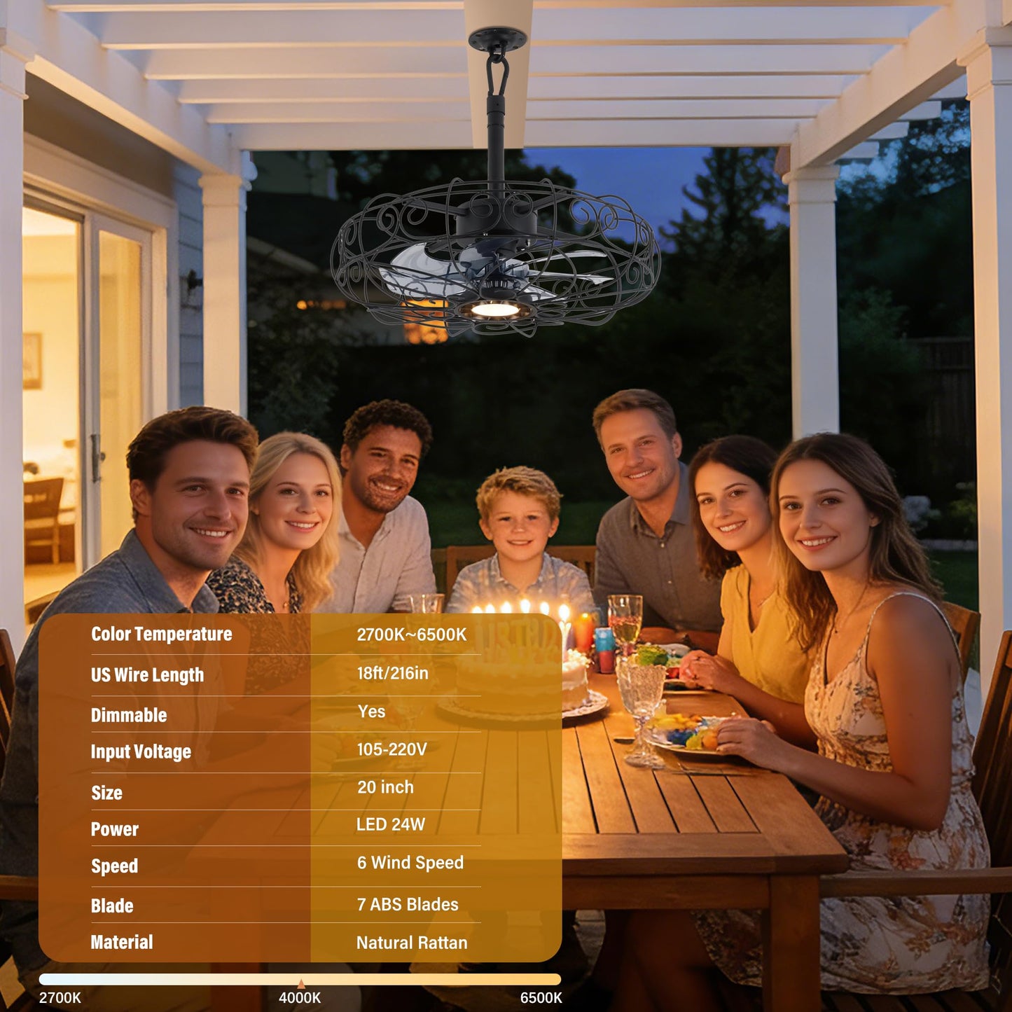 Kuailkag Waterproof Gazebo Fan 20-Inches,Outdoor Ceiling Fan with Light and Remote,APP,3CCT 6-Speeds Plug-in Patio Fans for Outside Porch Pergola(Black)