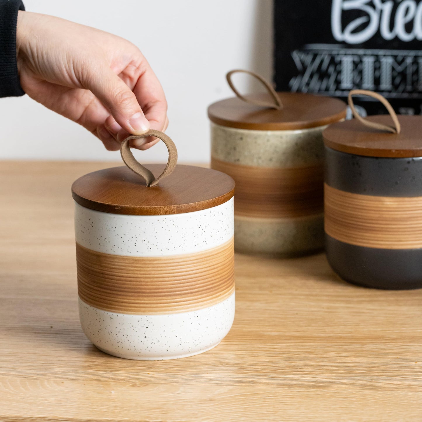 Miamolo Ceramic Jar with Lid, Coffee Container Kitchen Food Storage Jars for Spice Sugar Tea Bag, Stackable Decorative Jars for Countertop, White & 18 fl.oz