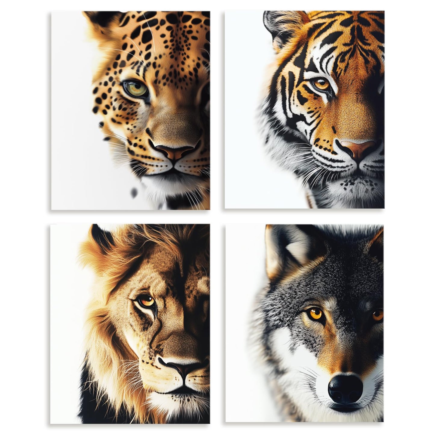 DOODLREAM 4 Pack Unframed Waterproof Animal's Face Decors Canvas Wall Art Tiger Lion Wolf's Head 8 x 10 Inch Canvas Wall Posters for Home Room Office Decoration Gift