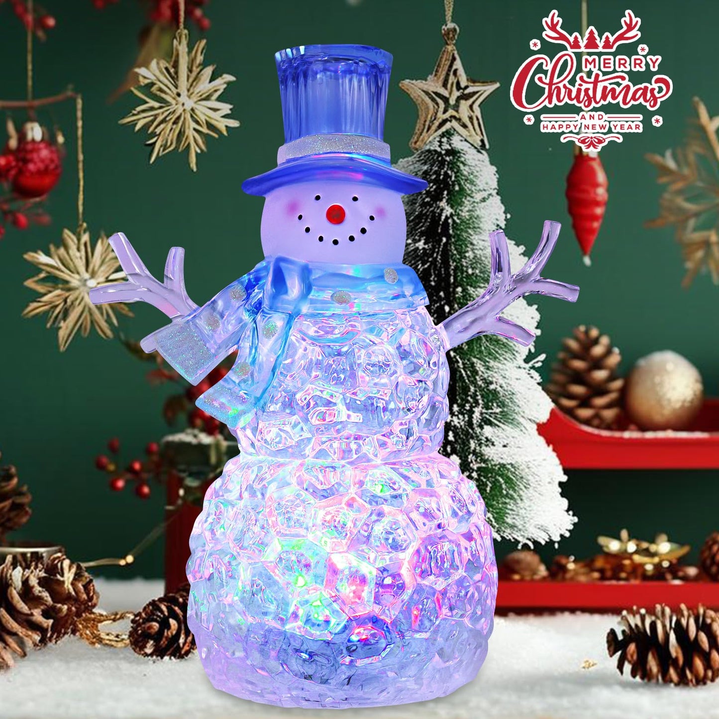 Snowman Christmas Decoration LED Lighted Snowman Figurines with 6H Timer 3 AAA Battery Operated Christmas Acrylic Snowman Decorations for Indoor Holiday Tabletop Decorations Gifts (Blue Hat)