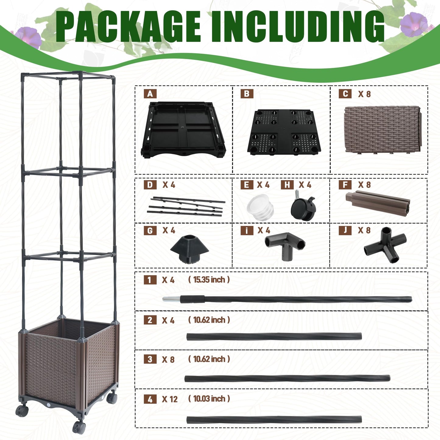 Quibbay Raised Garden Bed with Tomato Planter Cage,50.4" Self Watering Tomato Planter with Plastic Coating Steel Pipe for Climbing Vine Flowers Outdoor, Tomatoes Cage with Trellis Wheels, 1Pack