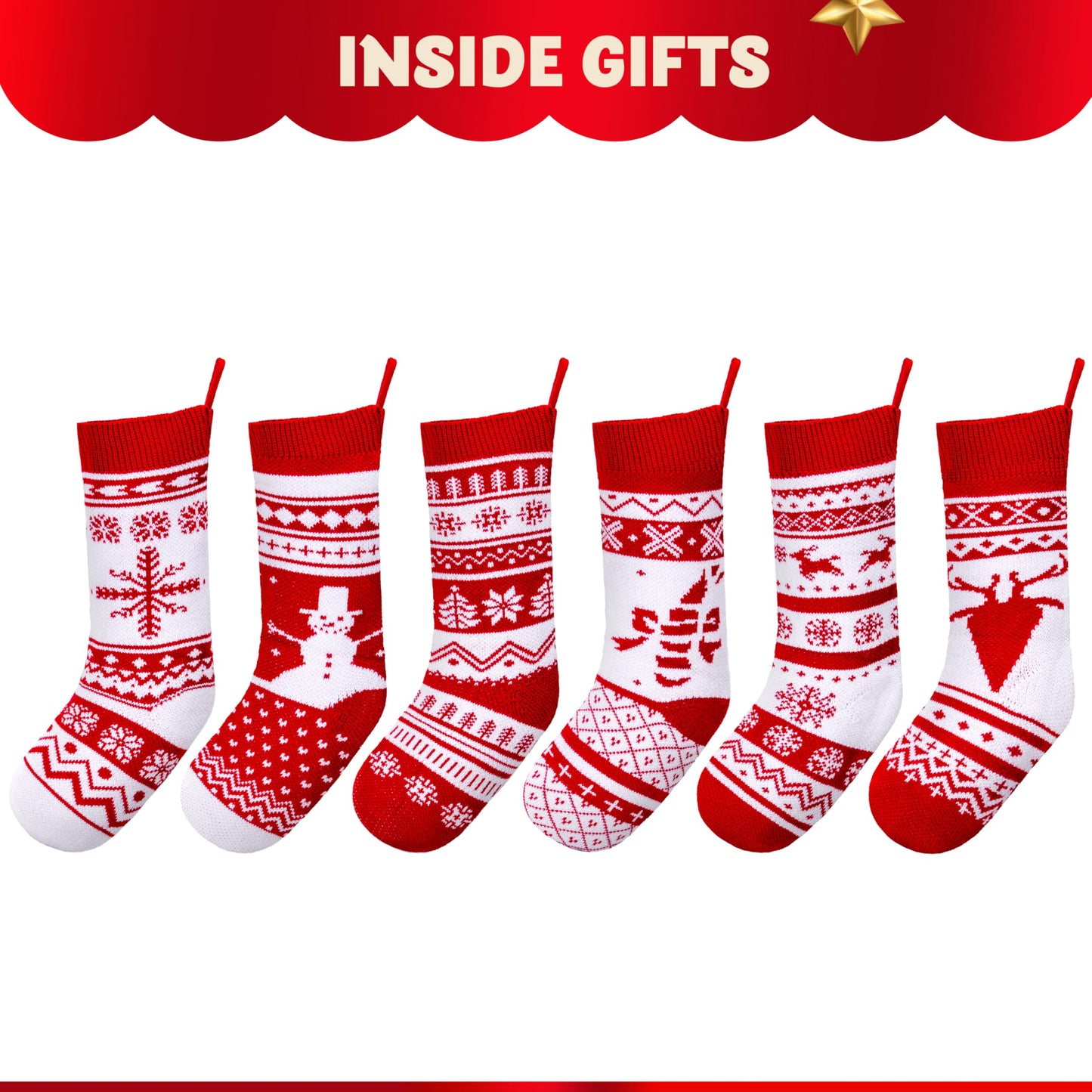 JOYIN 6 Pack 18" Christmas Knit Stockings, Large Rustic Yarn Xmas Stockings Bulk, Cable Knit Xmas Stockings with Snowflake Snowman Reindeer Character for Christmas Tree Fireplace Holiday Decorations