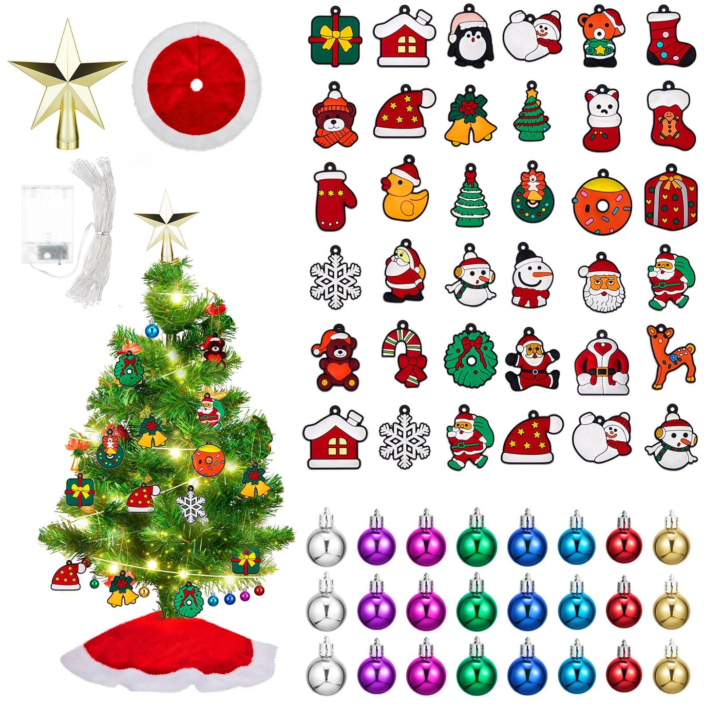 Syhood 63 Pcs Mini Christmas Tree Ornaments Set Decoration Gadget Small Skirt Star Topper Miniature Hanging Ornament with Light for Holiday Xmas