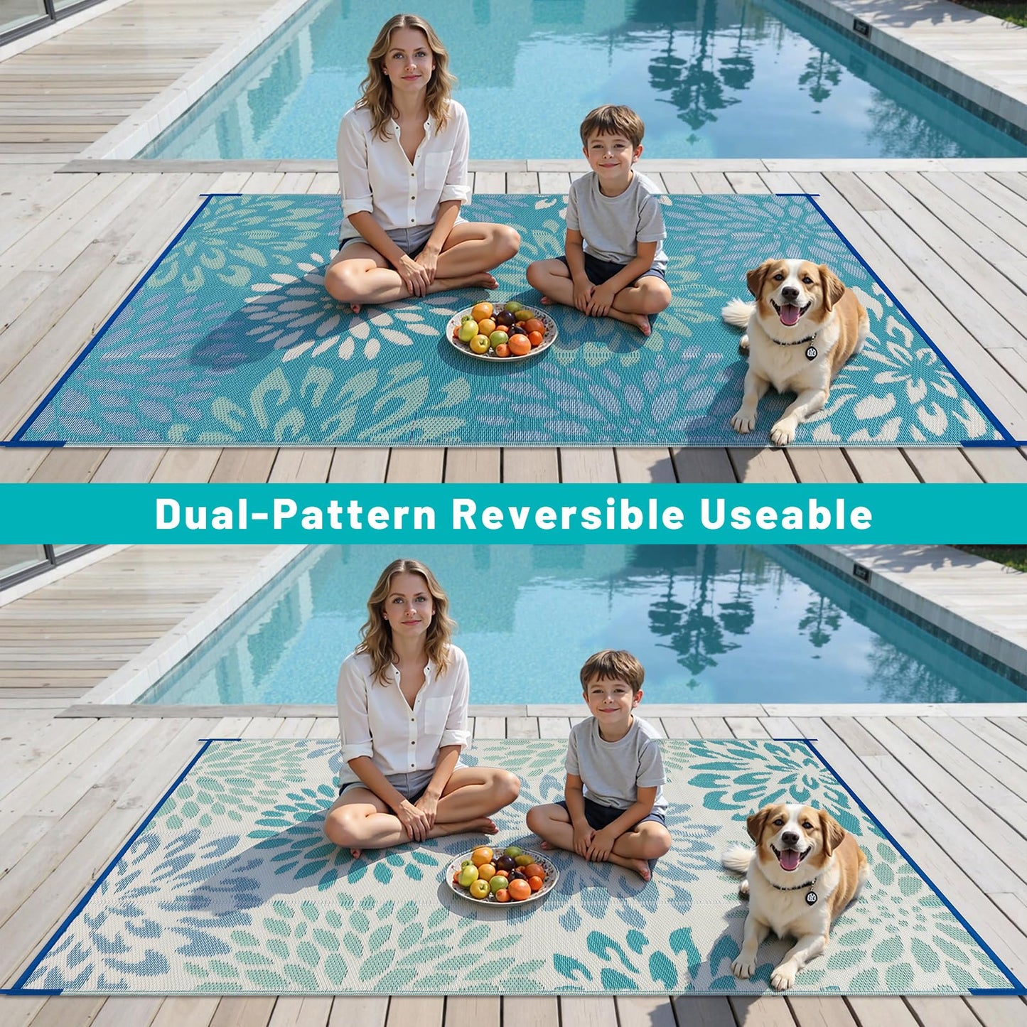 HEBE Waterproof Outdoor Rug 5x8 for Patios, Floral Reversible Plastic Straw Rug Patio Mat, Indoor Outdoor Carpet RV Mat Camping Rug for Deck, Camper, Porch, Balcony, Backyard, Picnic