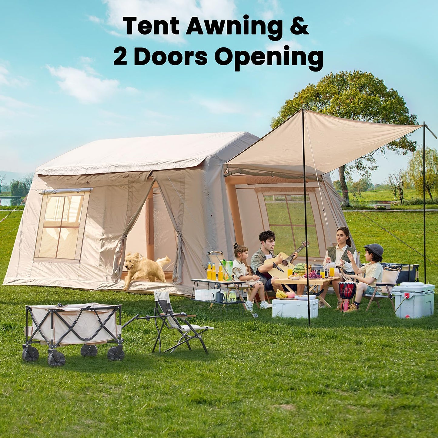 8-10 Person Large Inflatable Camping Tents with Canopy, Blow Up Tent House 2 Rooms, 4 Season Hot Tent with Stove Jack & AC Ports, Glamping Camping Tents for Outdoors, Easy Setup with Air Pump