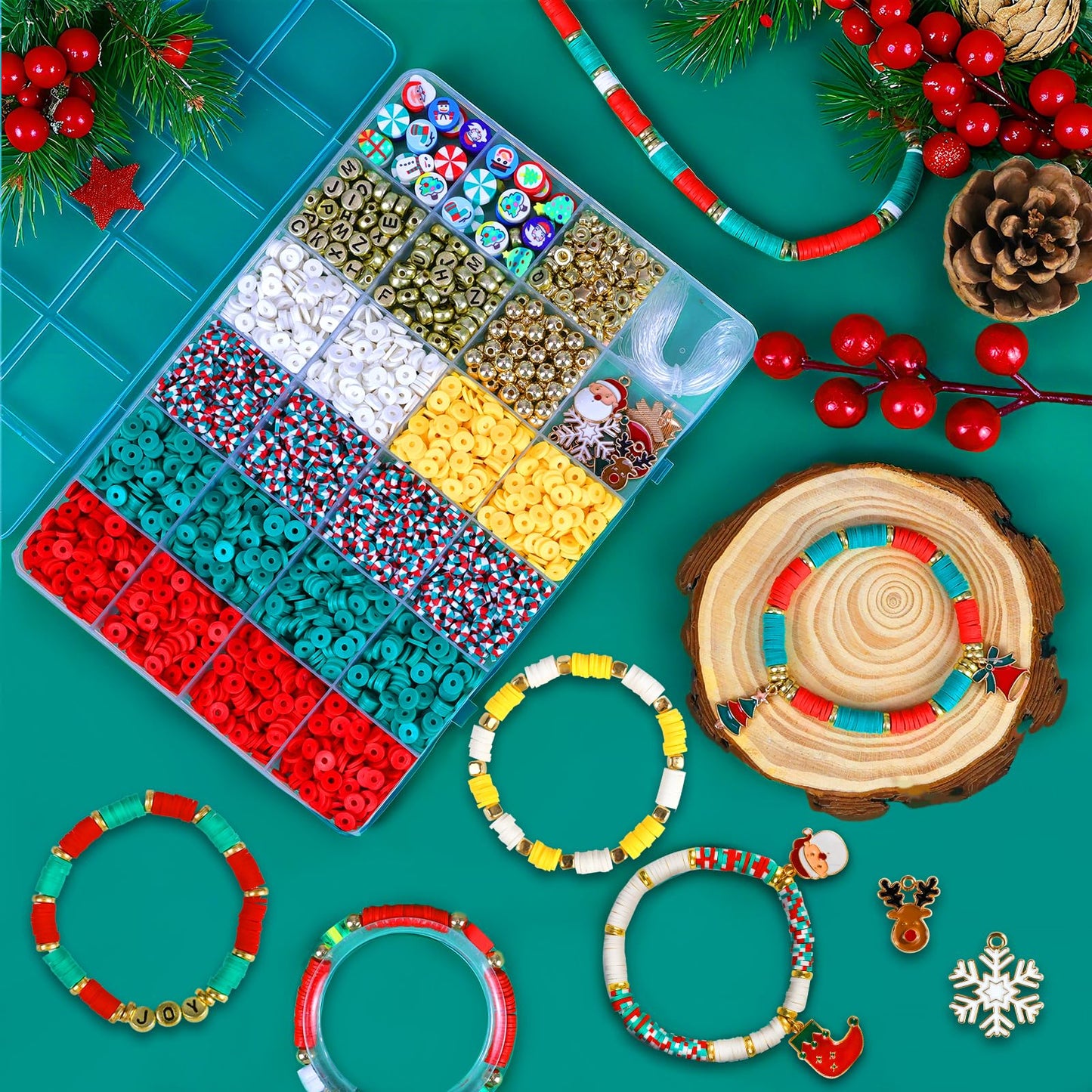 Redtwo Christmas Beads for Bracelets, 3000 Pcs Clay Beads Bracelat Making kit Golden Beads Christmas Crafts Decorations Charms for Jewelry Making, Gifts for Teen Girls Age 6-12
