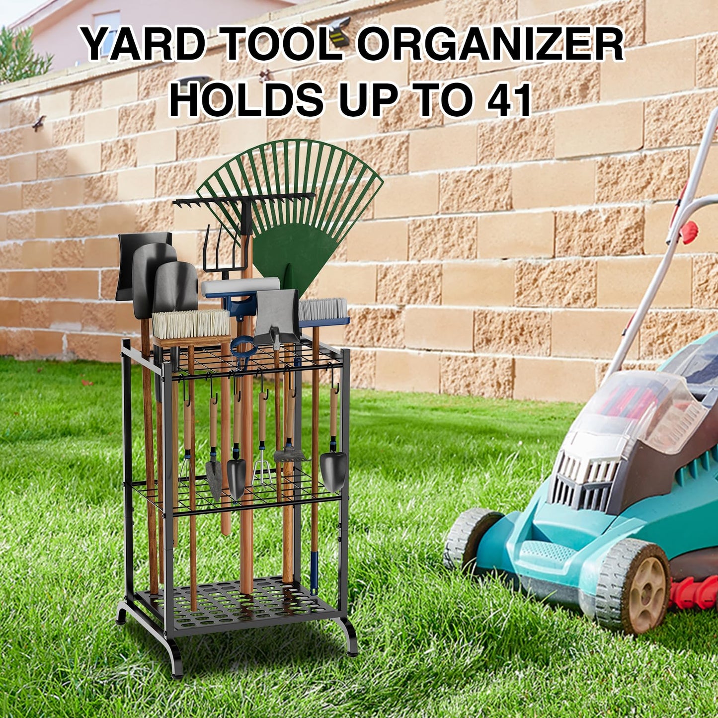RANXFLOAT Garden Tool Organizer with Storage Hooks, Yard Tool Tower Rack for Garage Organization and Storage, Up to 35 Long-Handled Tools, Metal Tool Holder with 6 Hooks, Black