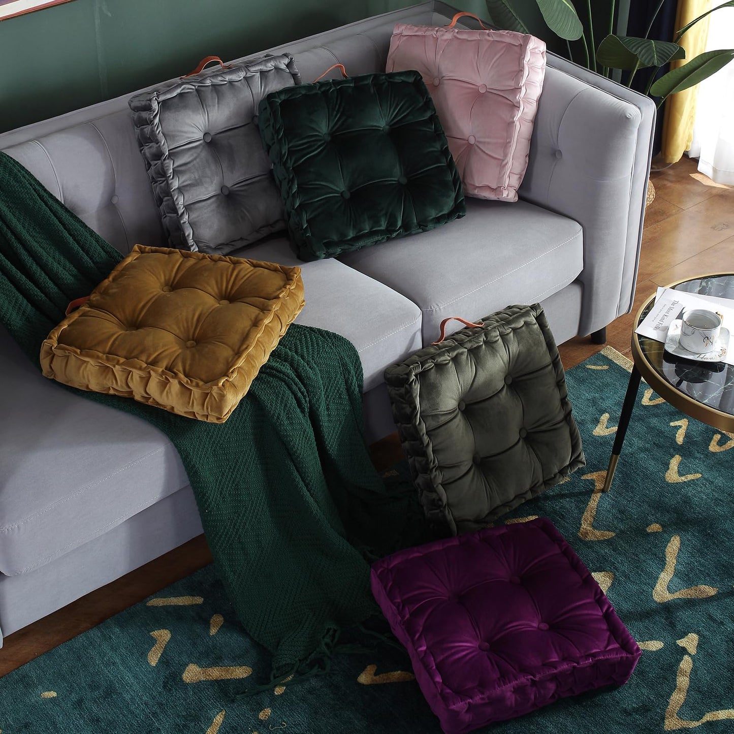 vctops Square Solid Color Velvet Seat Cushion with Handle Tufted Thicken Chair Pad Tatami Floor Pillow Cushion 16.5"x16.5"x4" Green