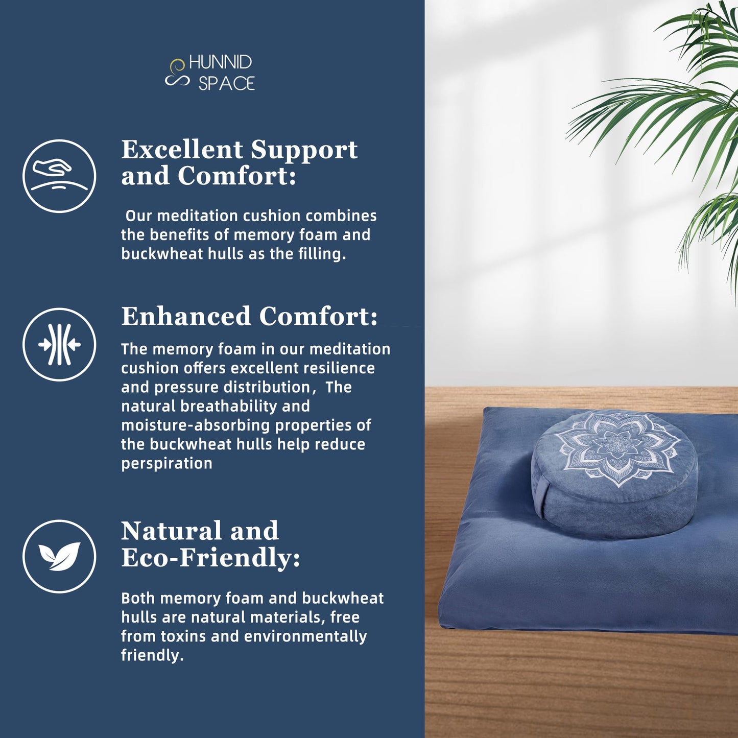 hunnidspace Meditation Cushion Set Zafu & Zabuton – Buckwheat Hull & Memory Foam, Adjustable Floor Pillow for Yoga, Meditation & Sitting, Removable Velvet Cover (Navy Blue)
