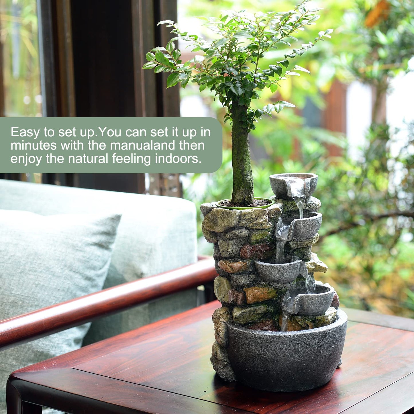 Haobos Indoor Fountain 4-Bowl Rockery Soothing Sound Tabletop Fountains Home/Office Decor Gift for Mom,Mother Day Present with A Small Plastic Pot to Grow Plant/Hebs By Yourself (Automatic Watering)