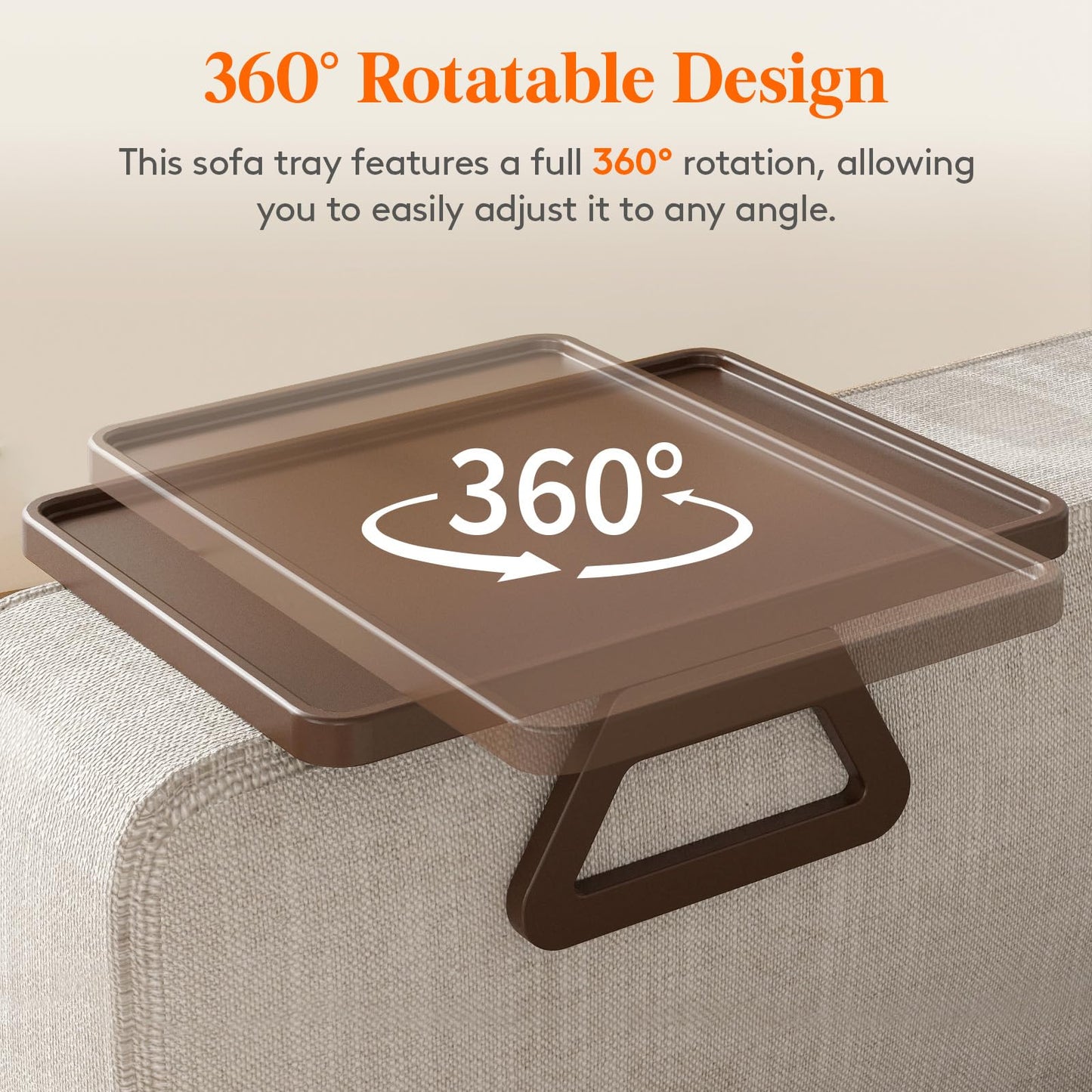 Lifewit Plastic Rotating Couch Armrest Table, Adjustable Sofa Arm Clip Holder Tray for Snack/Fast Food/Fruit/Drink, Large Foldable Stable Sofa Table with Reinforced Clamp, Brown