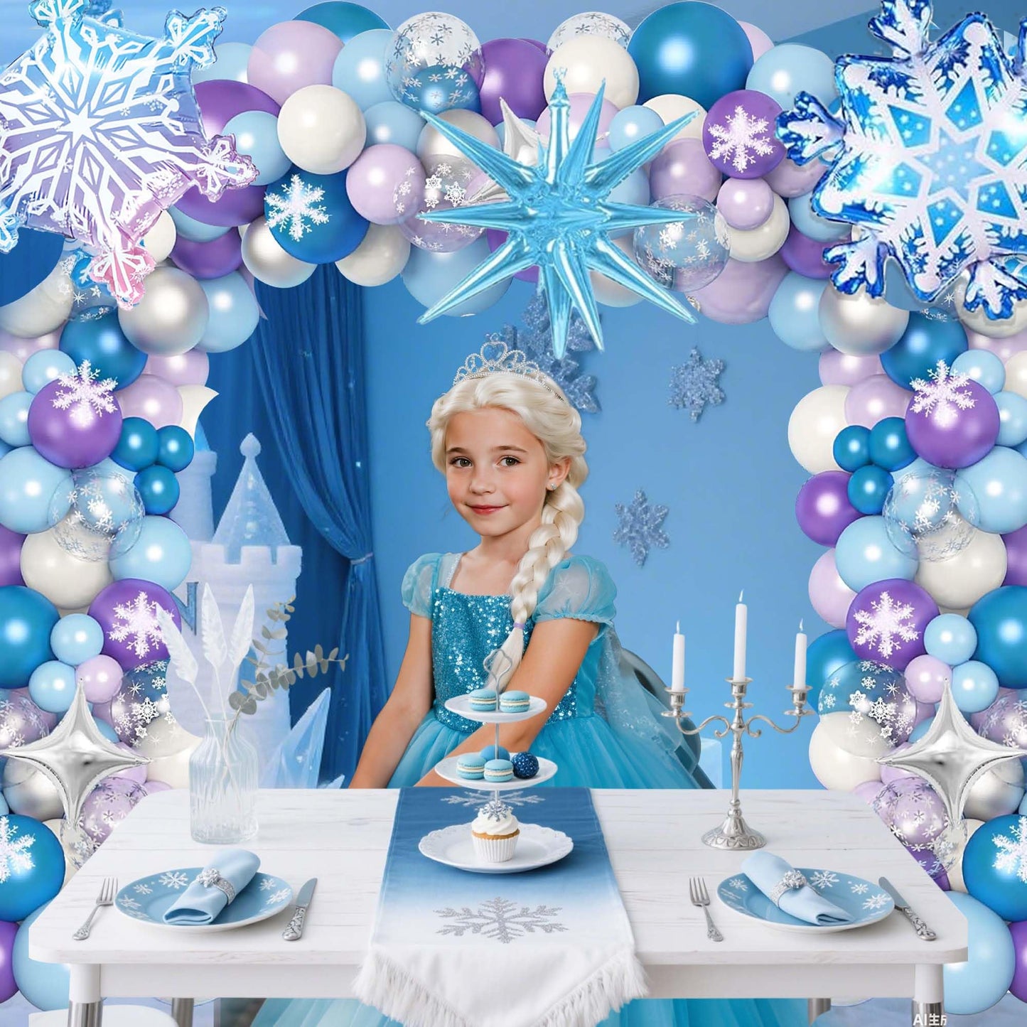 103pcs Winter Wonderland Balloon Garland Arch Kit with Giant 3D Ice Crystal Star & Gradient Snowflake Foils, 18/12/10/5 Inch Metallic Blue Purple Silver Printed Latex for Girls Ice Princess Birthday