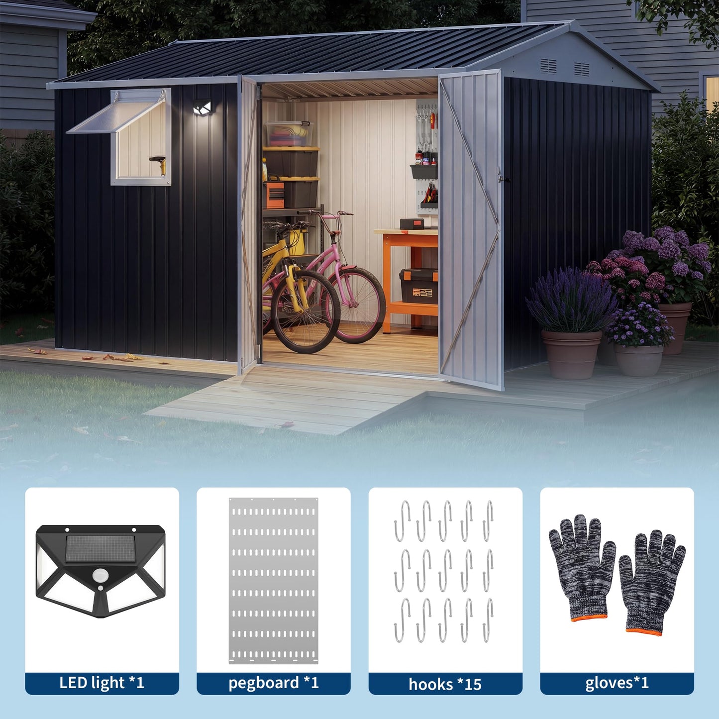 10x8FT Outdoor Storage Shed with Pushable Window, Metal Garden Shed with Sloping Roof,Breathable Vent and Lockable Doors, Steel Tool Shed for Patio Garden, Garage, Backyard, Poolside