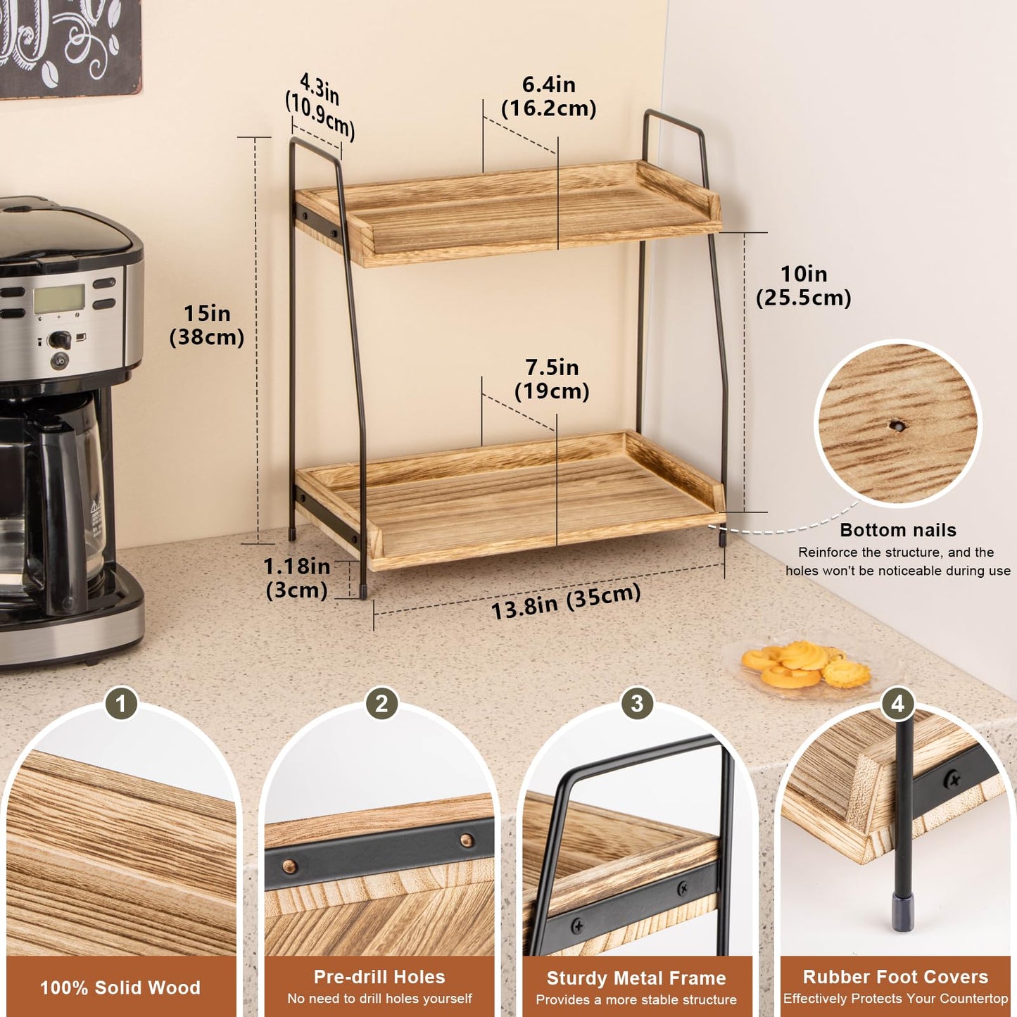 ANBOXIT Countertop Coffee Station Organizer, 2 Tier Wooden Shelf for Coffee Bar Accessories, Condiment Storage Caddy for Kitchen, Home, Office - Brown