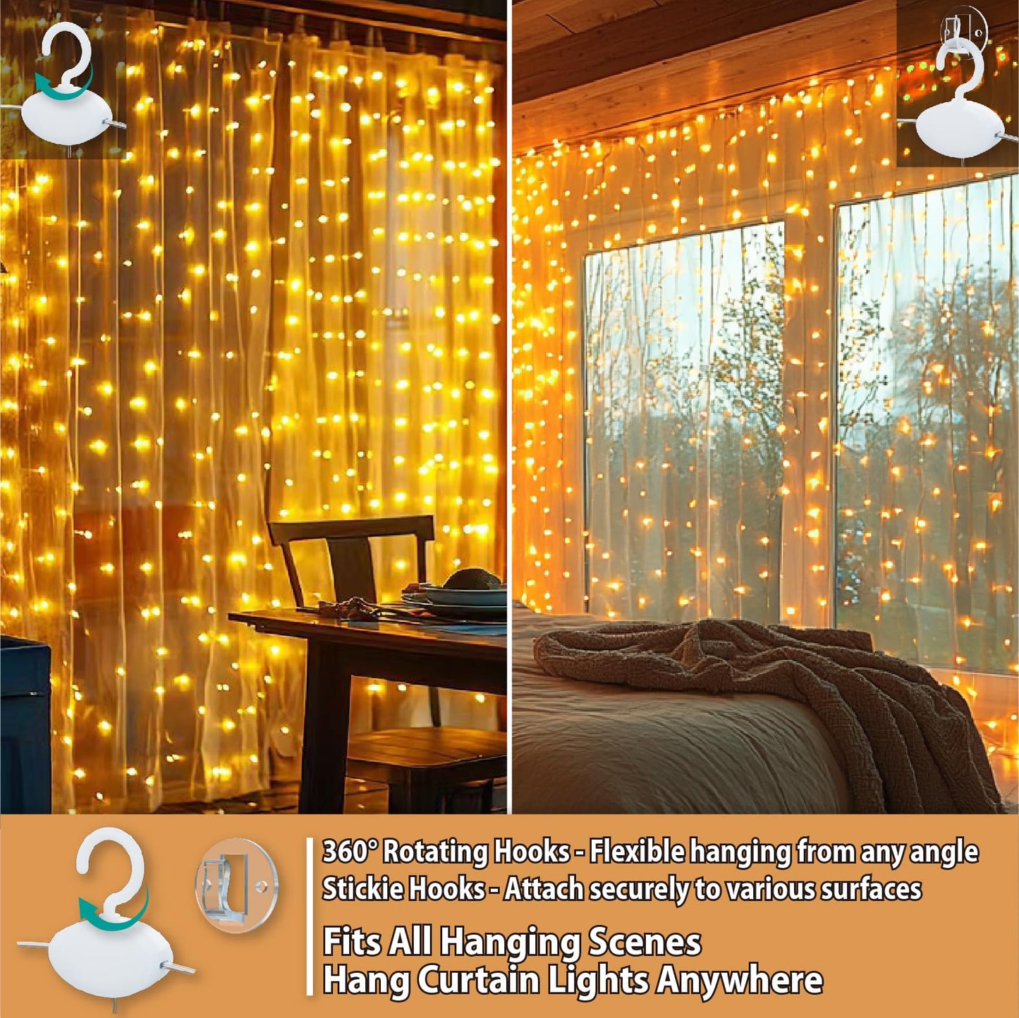 HXWEIYE 300LED Fairy Curtain Lights, 9.8x9.8Ft USB Plug-in 8 Modes Christmas String Hanging Lights with Remote for Bedroom Backdrop Wedding Indoor Wall Decor, Warm White, Standard – 1 Pack