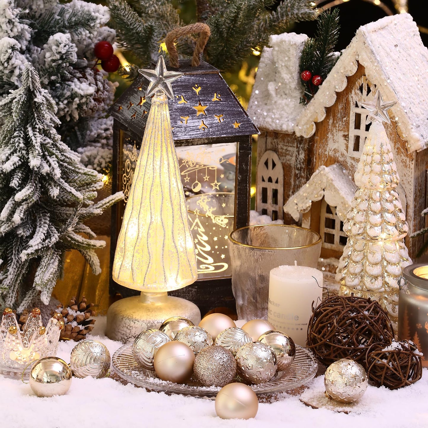 34ct Champagne Mini Christmas Ball Ornaments Shatterproof Plastic Christmas Tree Decorations for Xmas Party Home Office Holiday Decor -Small Size (1.57"/ 40mm)