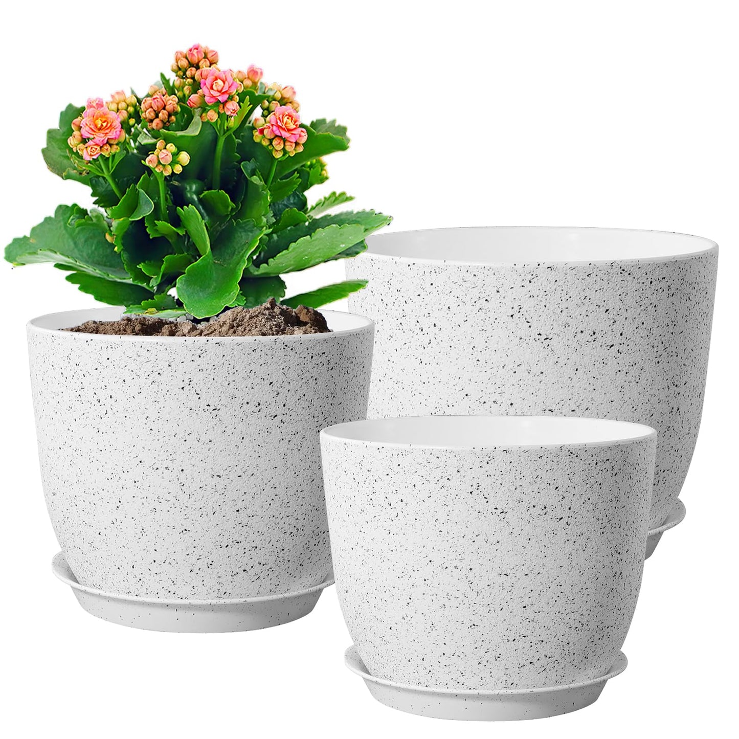 WSMKSZ 10/9/8 inch Medium Plant Pots, Set of 3 Modern Decorative Plastic Planters with Drainage Holes and Saucers for Garden House Plants, Flower Pots for Indoor Outdoor Plants, Speckled White