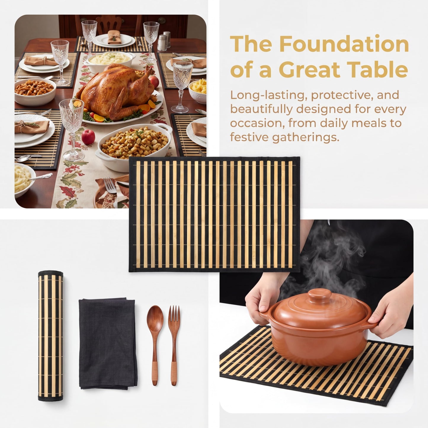 YIMITEE 8 Pack Bamboo Placemats, 18 x 12 Inch Anti-Slip Table Mats, Rustic Japanese Style Heat-Resistant Dining Place Mats for Dining Room Kitchen Wedding Restaurant Party