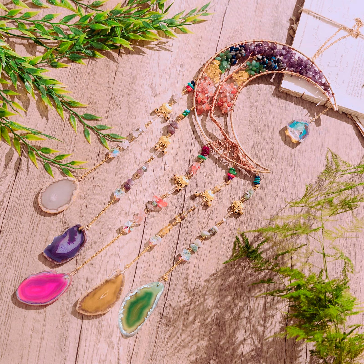 7 Chakra Crystal Wind Chimes, Moon Shaped Dream Catcher, Sun Catchers, Healing Crystal Decor, Reiki, Feng Shui Metal Art Wall Decor for Room, Bedroom, Home, Unique Gifts for Women for Good Luck