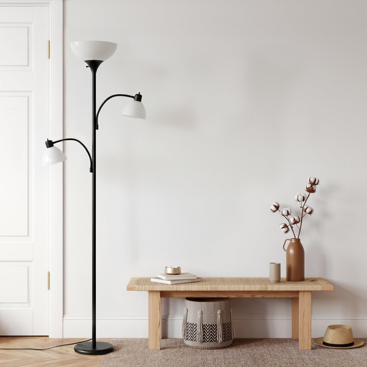 Brightech Sky Dome Double LED Floor Lamp, Torchiere Super Bright Floor Lamp with 2 Reading Lamps for Living Rooms & Offices - Dimmable Tall Standing Lamp for Bedroom Reading - Tall Black Pole