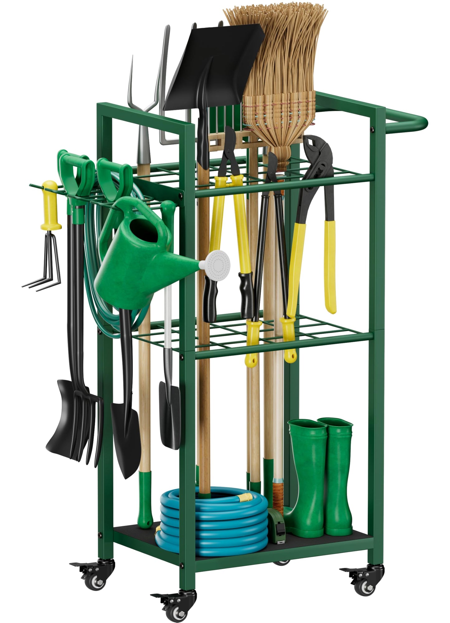 Lotspasie Garden Tool Organizer with Wheels, Heavy Duty 3 Tier Metal Yard Tool Storage Rack Holder with Side Hooks, Freestanding Garage Organizer for Shovels, Rakes, Brooms, Indoor Outdoor Use, Green