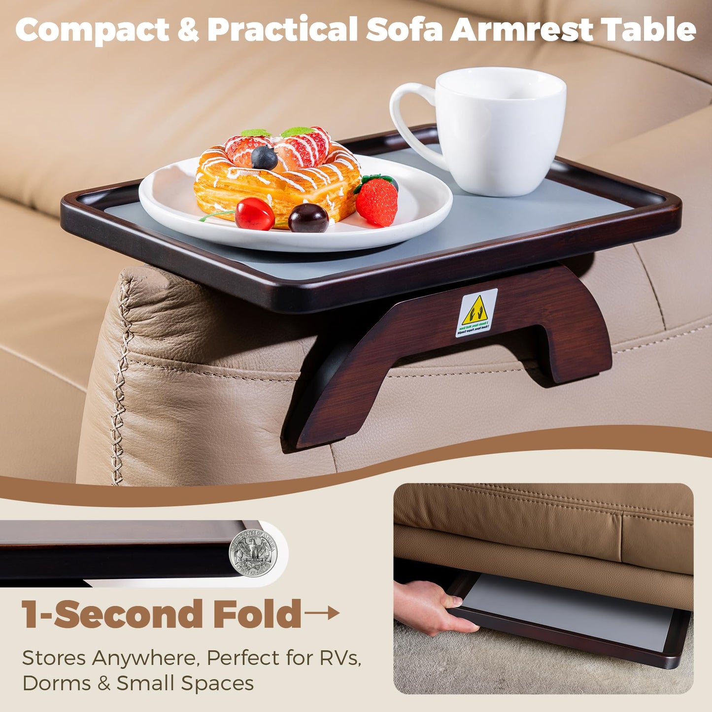 Tomlyop Couch Armrest Table, Foldable Bamboo Sofa Arm Tray for Couch with a Non-Slip Pad, Clip On Couch Arm Table for Remotes/Eatting/Drinks, Fits Sofa Armrest 3.5"-13.5" Brown