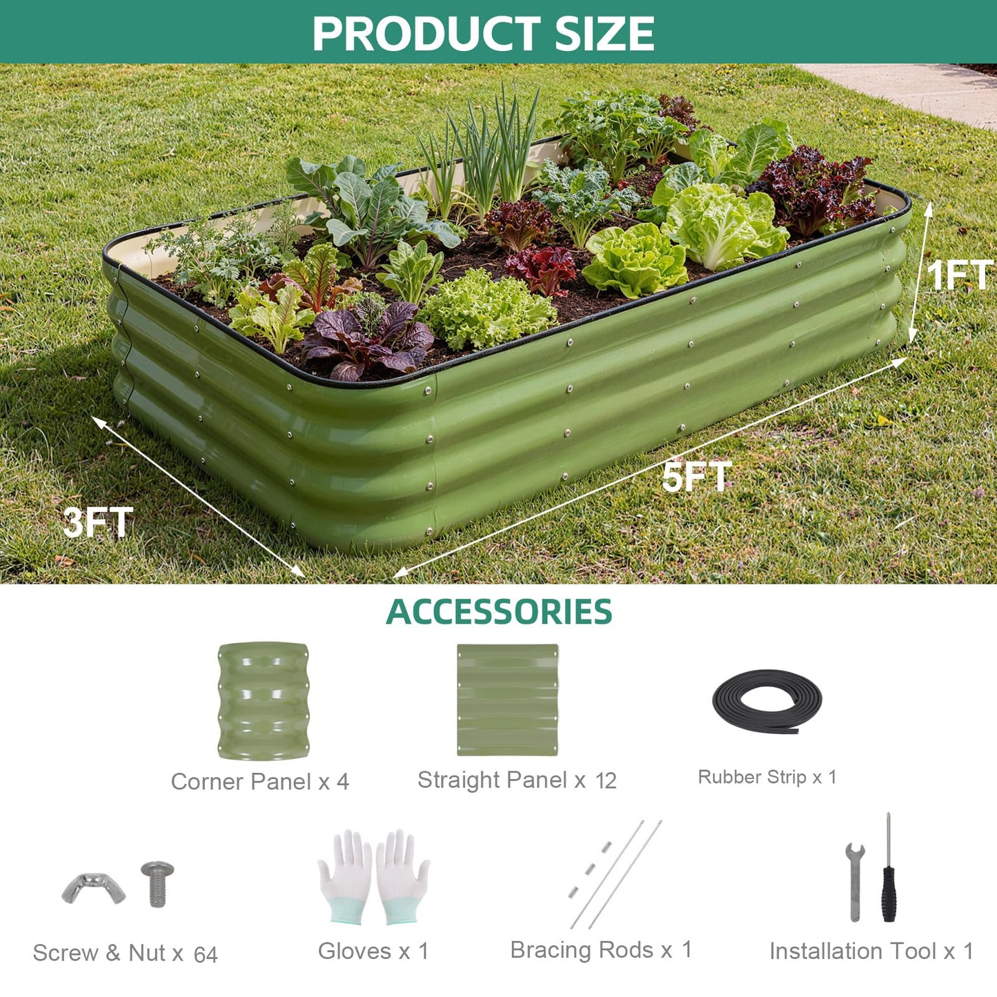 BIRDSINYARD 4 in 1Galvanized Raised Garden Bed - 5x3x1ft Modular Garden Planter Bed Outdoor | Steel Raised Bed Kit with Bracing Rods, Gloves for Gardening Vegetables Fruits and Flowers (Green)