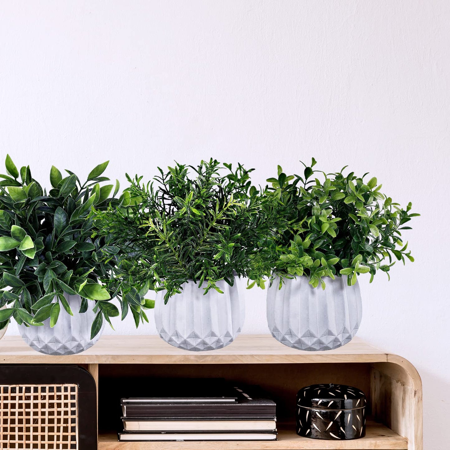 Winlyn 3 Pcs Faux Potted Plants Set - Artificial Eucalyptus, Rosemary, Boxwood Greenery in Small White Geometric Planters for Indoor Outdoor Desk Table Centerpiece Shelf Windowsill Home Office Decor