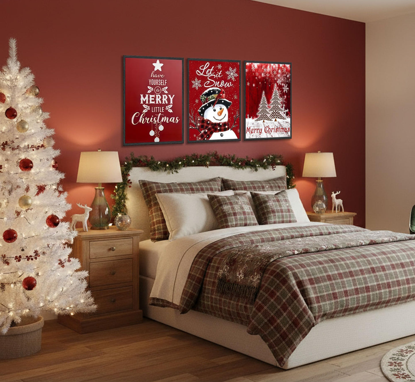 3pcs Red Christmas Canvas Wall Art Tree Snowman Posters Prints Paintings Winter Christmas Quotes Wall Decor Pictures for Living Room And Bedroom Furniture Decoration Unframed
