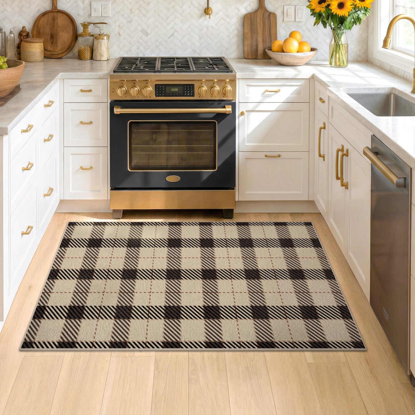 Washable Plaid Indoor Outdoor Rug 3x5 for Front Porch, Entryway, Patio, No Shed Easy Jute Non Slip TPR Backing Area Rug for Large Kitchen, Farmhouse Black & Tan Checkered Seegrass Aesthetic