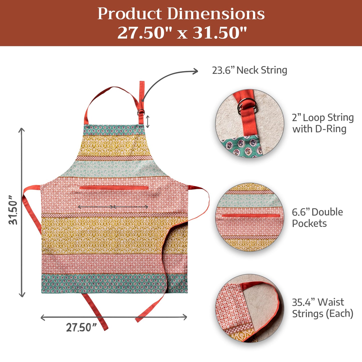 Maison d' Hermine Apron for women with Pocket 100% Cotton 27.50"x31.50" 1 Piece Adjustable Neck Strap & long ties Apron Men, Chef, Wedding, Cooking, Gardening, Server Spring/Summer (Provence)