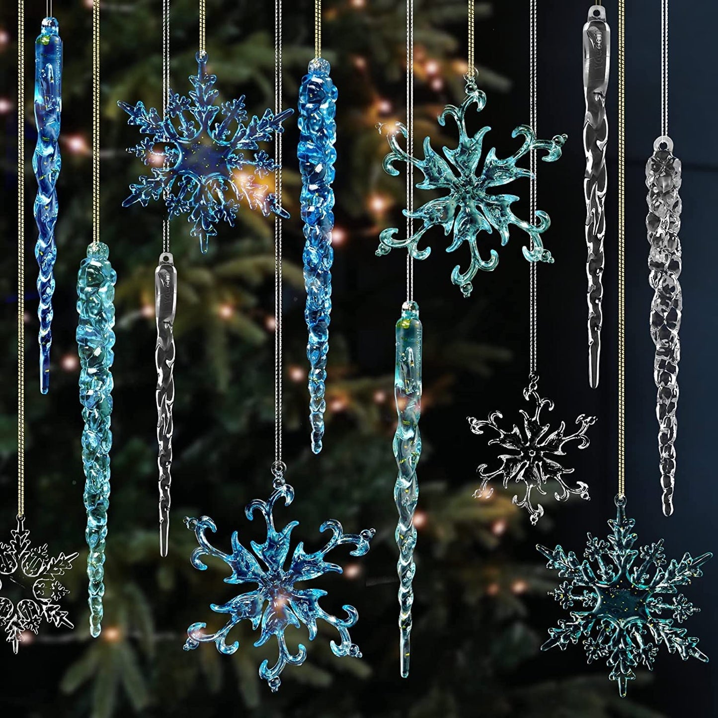 VGOODALL 36PCS Clear Snowflake & Icicle Ornaments, Acrylic Christmas Tree Decorations with Gold & Silver Strings Winter Wedding/Party/DIY Decor