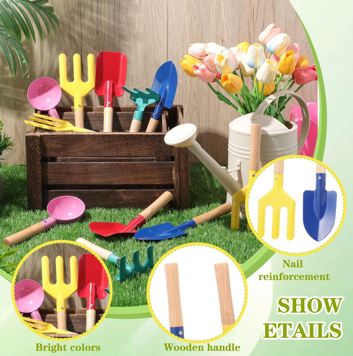 Motionchic 15 Pcs Children Beach Sand Toys Kids Gardening Tools Set Metal Including Shovel, Rake, Fork and Trowel, Summer Beach Sandbox Digging Toys with Wooden Handle Hoe for Kid Outdoor Gift