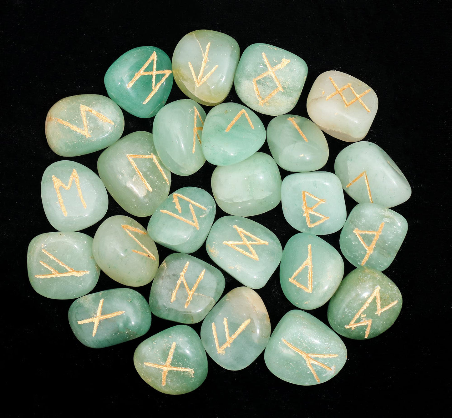 Crocon Green jade Gemstone Rune Stone with Elder Futhark Alphabet Engraved Symbol 25 pcs Set for Feng Shui Reiki Crystal Healing Chakra Balancing Metaphysical Decor Size: 15-25 mm