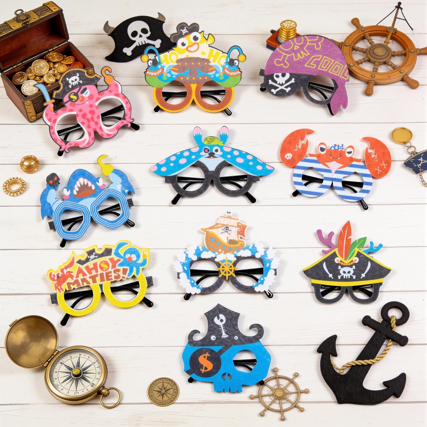 Winrayk 12 Pack Reusable Pirate Felt Glasses Bulk, Pirate Party Decorations & Party Favors, Kids Adults Summer Beach Birthday Holiday Daily Eyeglasses Photo Booth Props Halloween Cosplay Accessories