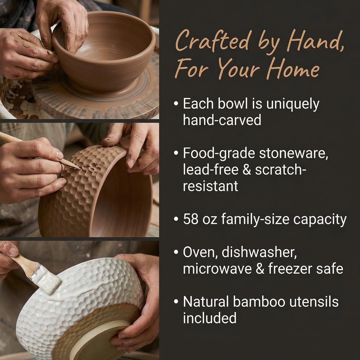 Wgtalation Large Ceramic Dinner Bowl Set - 2-Piece Handmade Salad Bowl Set, 58 oz Each, Dishwasher and Oven Washable, Vanilla White 9.5”