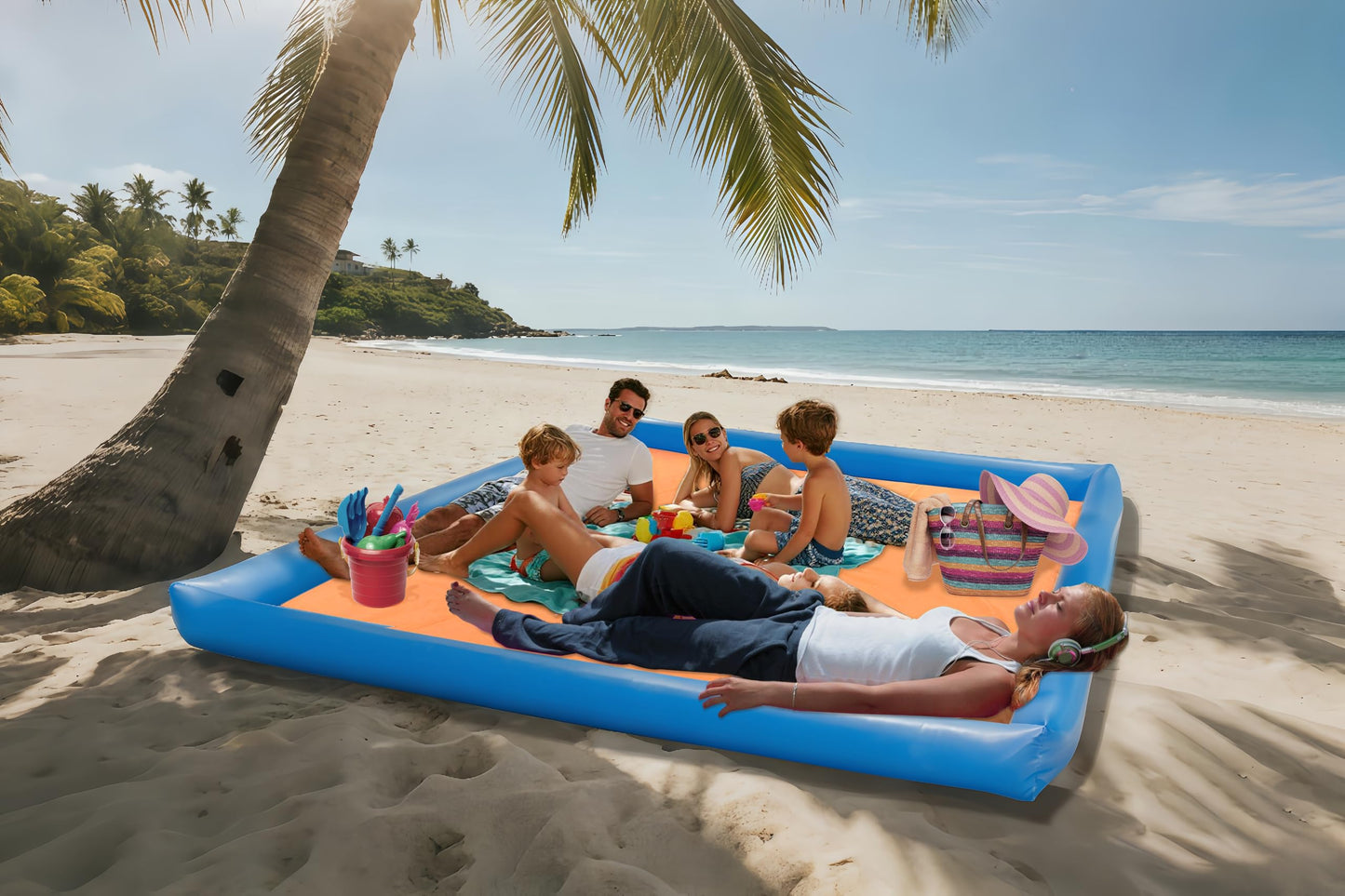 ROMIVO Beach Blanket, Large Beach Blanket Sandproof, 79"x83" Beach Mat for Family, Beach Mats with Pillow, Camping Sleeping Mat Portable Outdoor with Side Walls, Beach Essentials (Blue-Orange)