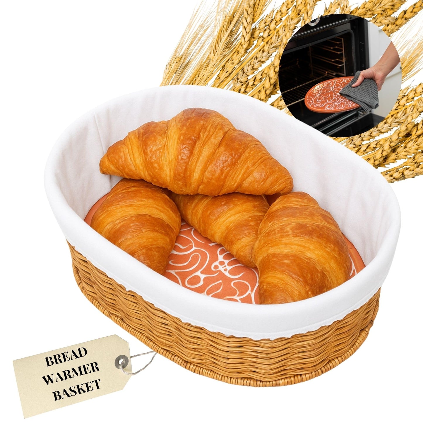 Rustic Bread Basket with Warmer – Woven Farmhouse Bread Basket with Terracotta Warming Stone, Keeps Bread Warm & Fresh, Cozy Serving Basket for Bread, Rolls & Pastries, Mothers day, Mothers day gift