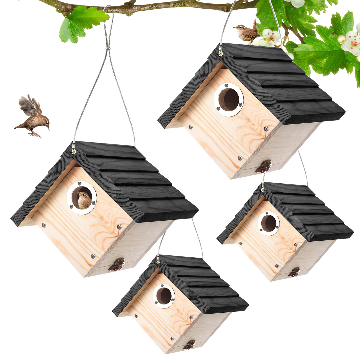Dreyoo 4 Pack Wren House, 1-1/8'' Entrance Hole Hanging Wooden Wren Bird Houses for Outside with Metal Guard, Air Vents, Pine Wood for Chickadees(Black)