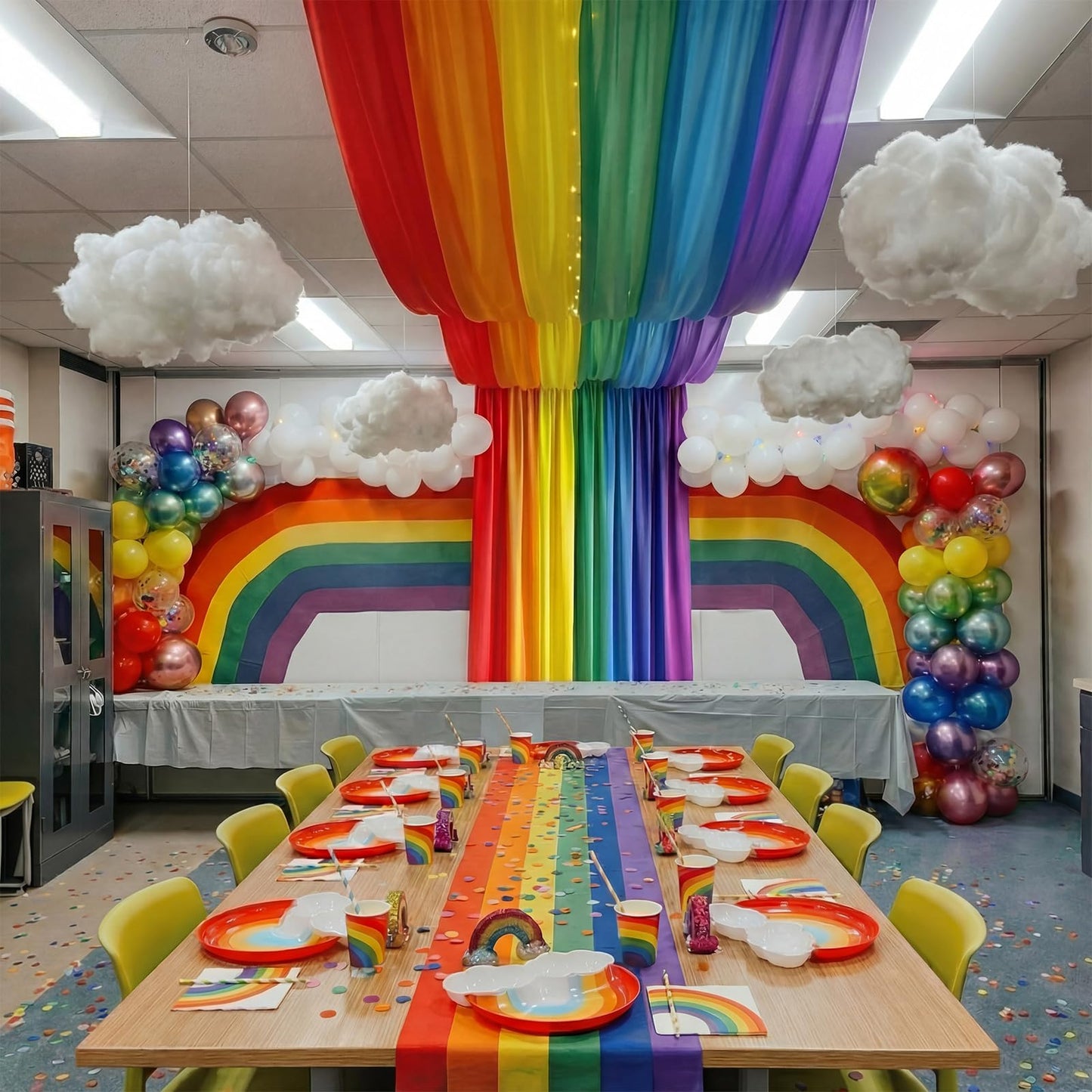 Teyva Daily 7 Pcs Rainbow Party Ceiling Decorations Kit 13.12 x 4 ft 3D Rainbow Ceiling Hanging Bunting Banner Decorations with 6 Pcs Clouds Hanging Decor for Classroom Birthday Nursery Daycare Decor