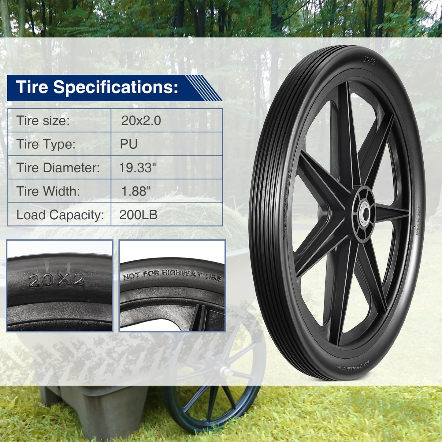 MaxAuto 20x2.0 Rim Flat Free Cart Tire and Wheels Assembly for the Garden Yard Cart, Wheelbarrow, Garden Trailers, 20x2" Non-inflated Tires with 3/4" Bearing, 2 Pack