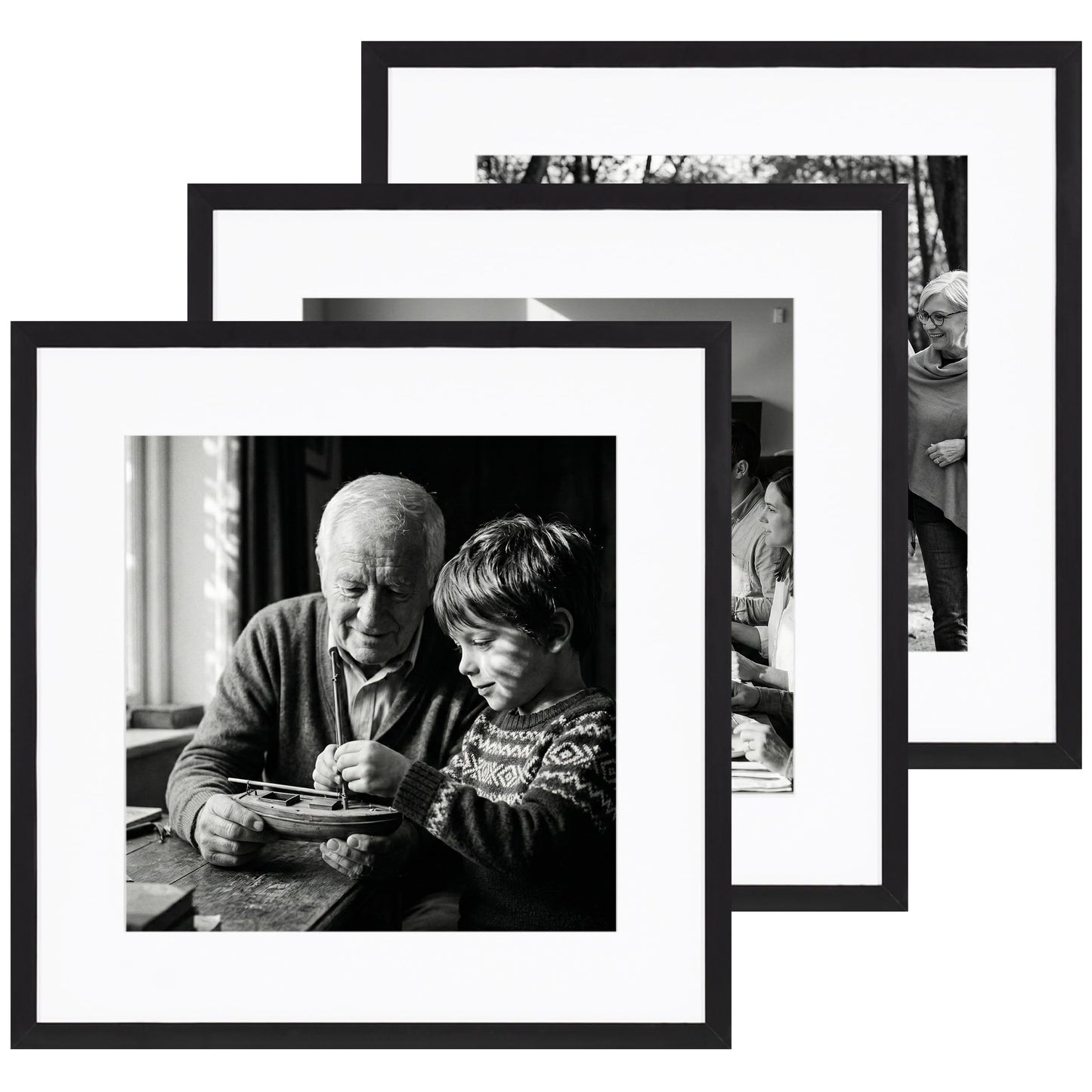 eletecpro Gallery Wall Frame Set of 3, 20x20 Inch Square Black Frames with 16x16 Mat, Scratch-Resistant Finish for Modern Home Decor