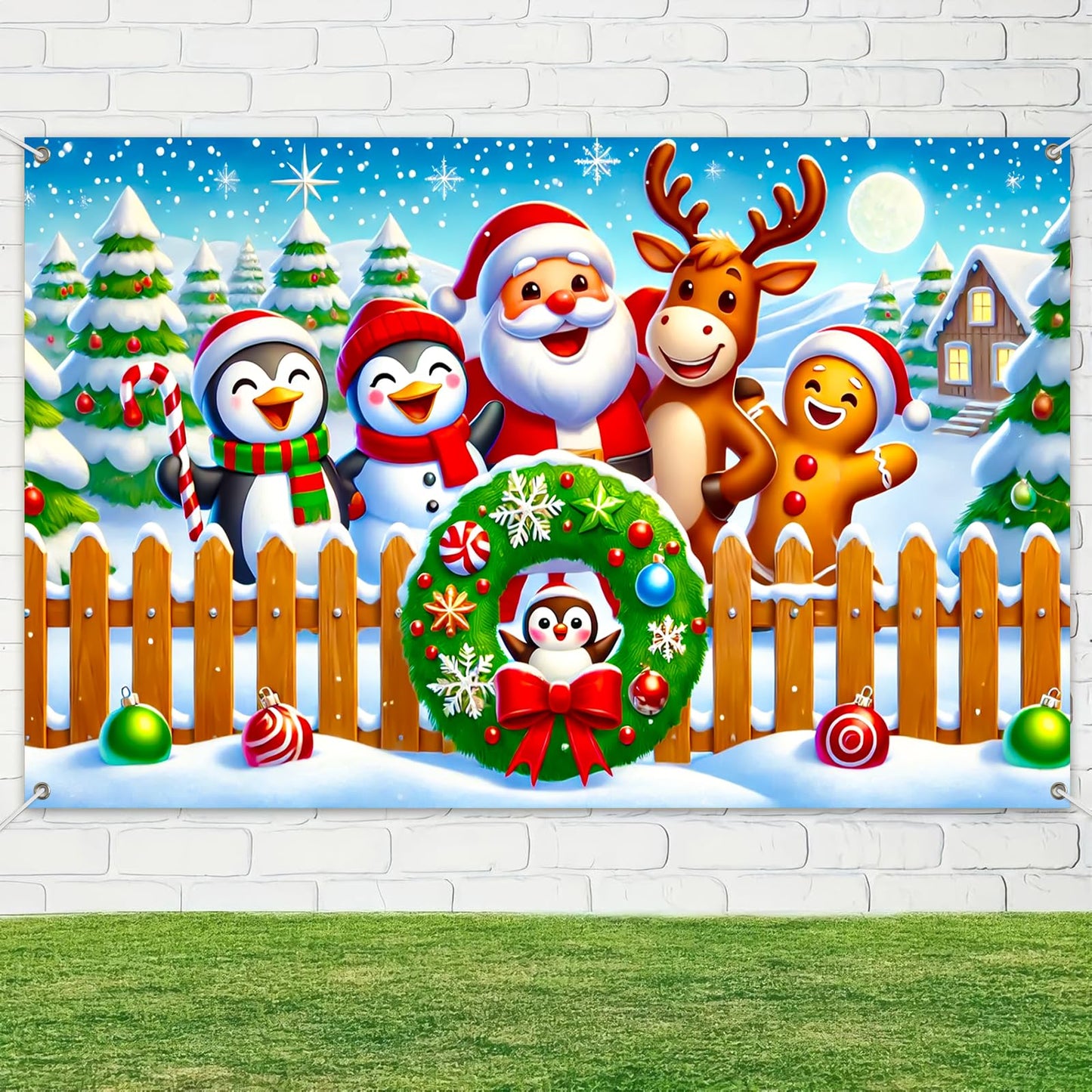 BlissYard Christmas Banner with Santa Claus Penguin Reindeer Gingerbread Snowman Scene Christmas Banner 71x43 Inch Cute Cartoon Holiday Backdrop for Xmas Party Indoor Outdoor Wall Yard Fence Decor