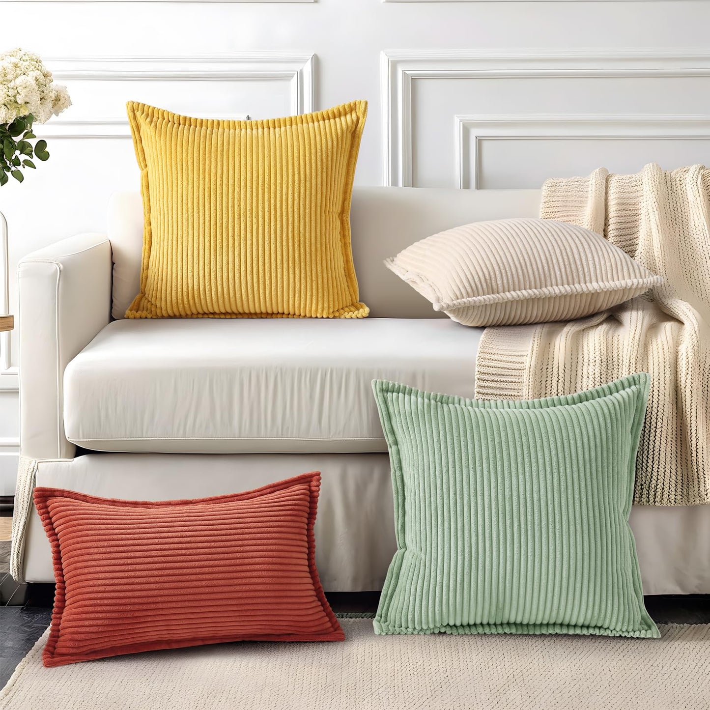 Mecatny Corduroy Throw Pillow Covers 26x26 Set of 2, Neutral Decorative Soft Boho Couch Pillow Covers with Broadside for Sofa Living Room, Mustard Yellow