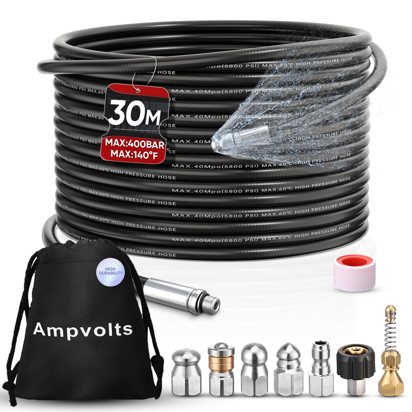 Ampvolts 100FT Sewer Jetter Kit for Pressure Washer, 5800 PSI Drain Cleaning Hose with 5 Jet Nozzles & 2 Adapters, Compatible with Spray Guns and Power Washers, Ideal for Clogged Pipes and Drains
