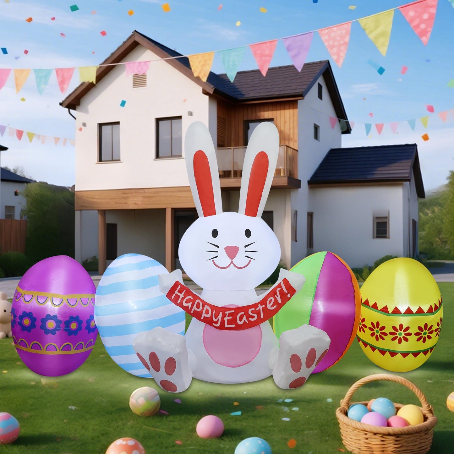 DR.DUDU Easter Inflatables Outdoor Decorations, 7 FT Long Easter Bunny with Eggs, Happy Easter Decorations, Easter Blow up Yard Decorations for Garden Lawn Holiday Party