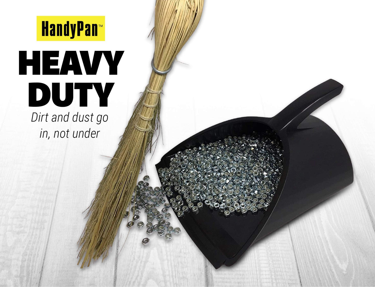 HandyPan Heavy Duty Dustpan, Black - Large Dust Pan Made in the USA with Tight Seal Lip to Keep Dust, Dirt, Debris In-Great for Home, Shop, Garage, Use-Stackable, Standing Dustpan for Wet or Dry Tasks