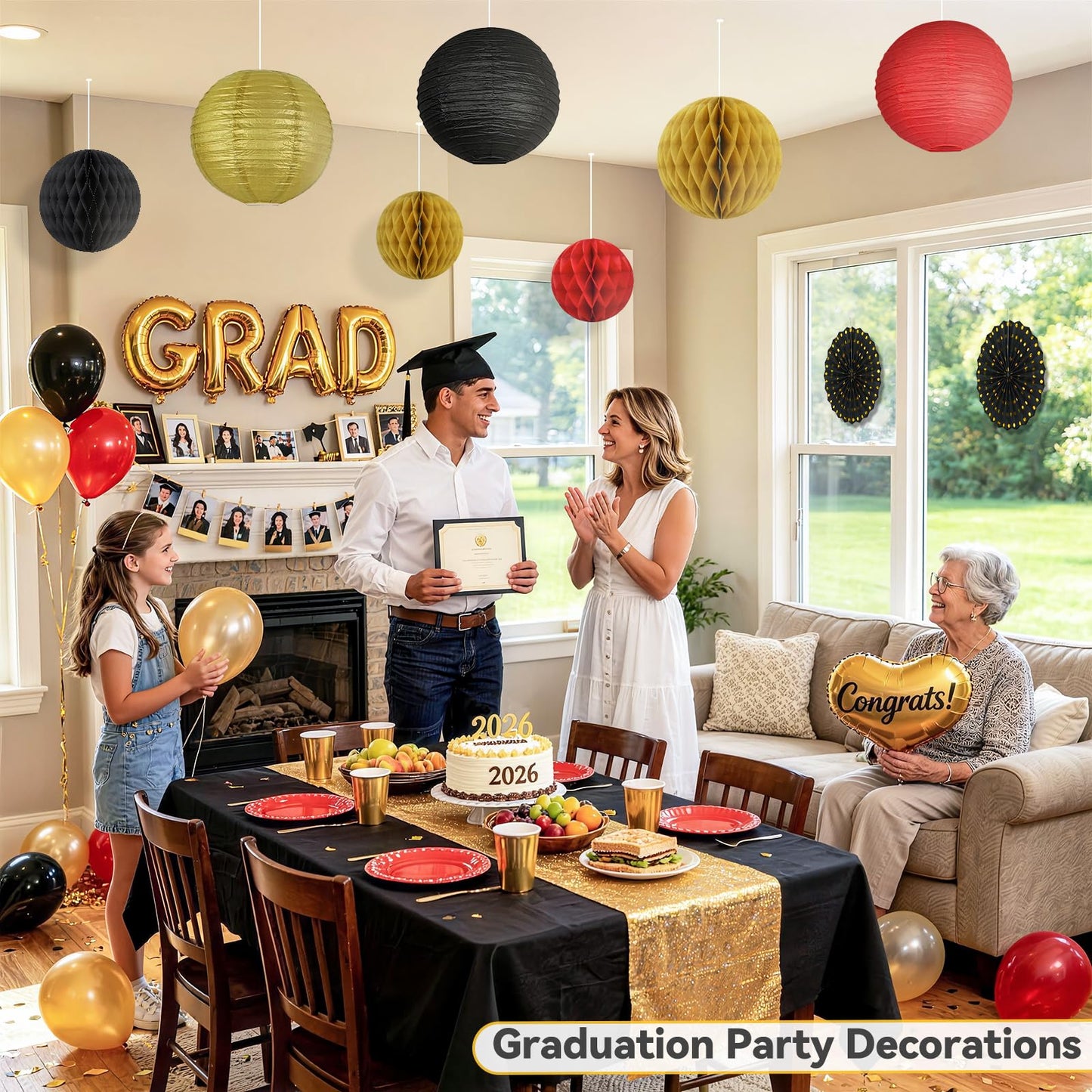 14 Pack Red Black and Gold Party Decorations Kit, Hanging Paper Lanterns & Fans for Casino Night, Red Carpet, Hollywood Theme Party, Game Night, Hibachi Party and Graduation