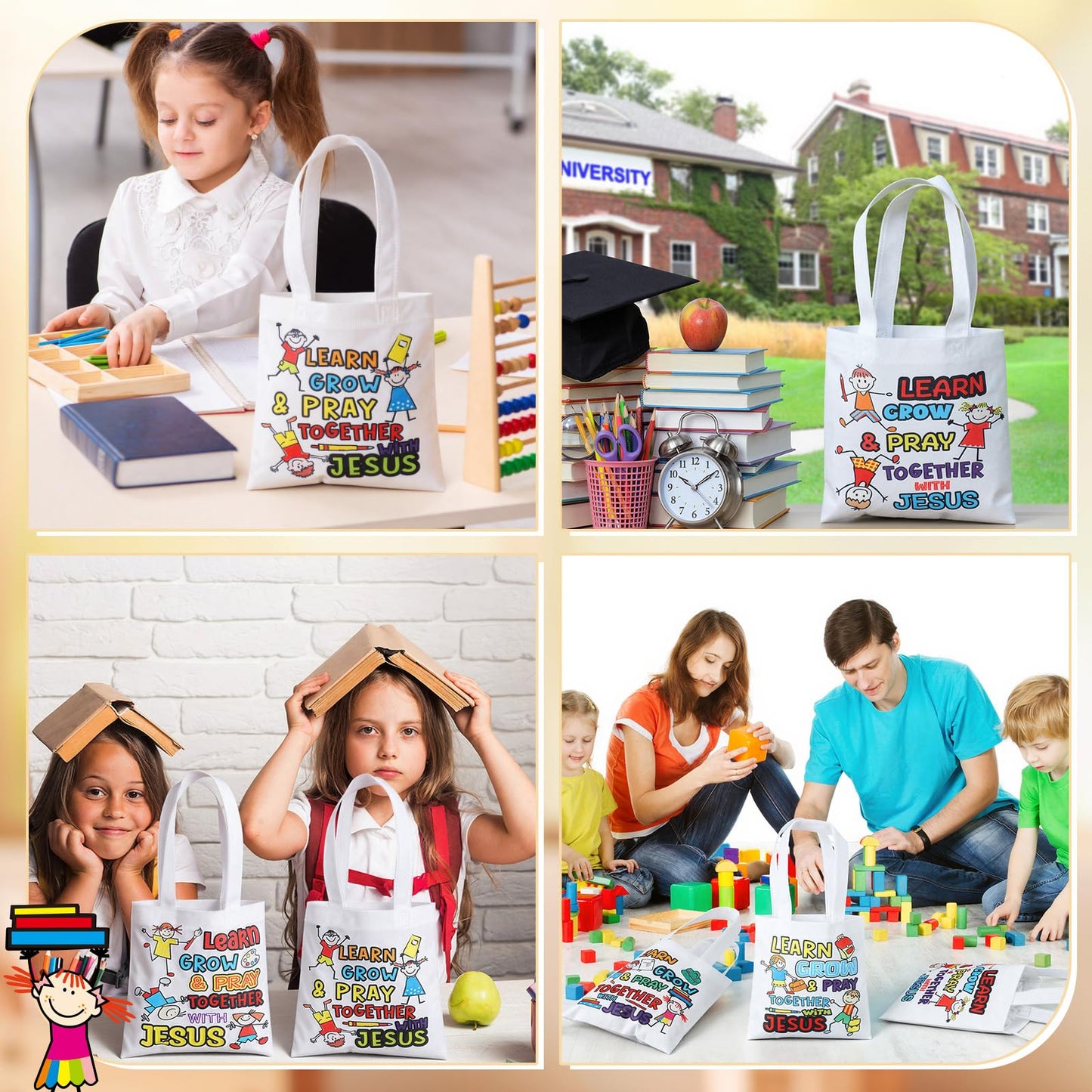 Cosblank 36 Pcs Religious Tote Bags Bulk for Kids Christian Learn Grow Pray Together with Jesus Gift Tote Christian Canvas Bags for Sunday School Church Classroom Prizes Party Favors Supplies Gift