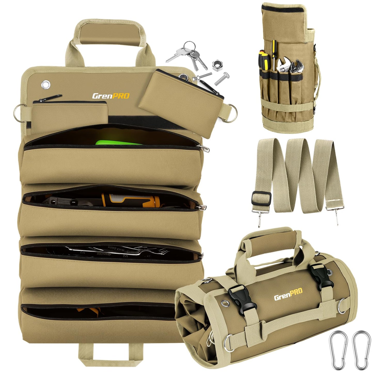 GrenPRO Roll Up Tool Bag, Tool Roll Up Bag with Detachable Tool Pouches, Soft Rollable Tool Pouch, Tool Organizer for Electricians, DIY, Valentines Day Gifts for Him Dad Men Mechanic Welding, Khaki